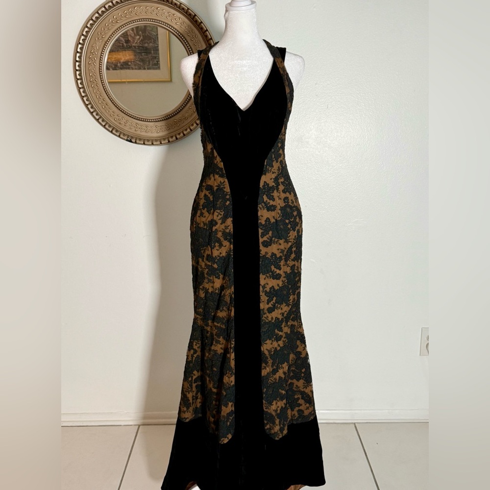 VTG ~ Peggy Jennings Couture Black and Tan Gown Lace ~ Velvet ~ Silk - Picture 5 of 15